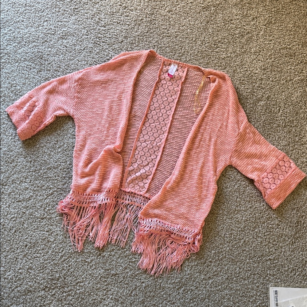 No Boundaries Brand: Women’s Fringe Lacy Floral Pink Open Knit Cardigan Size Med